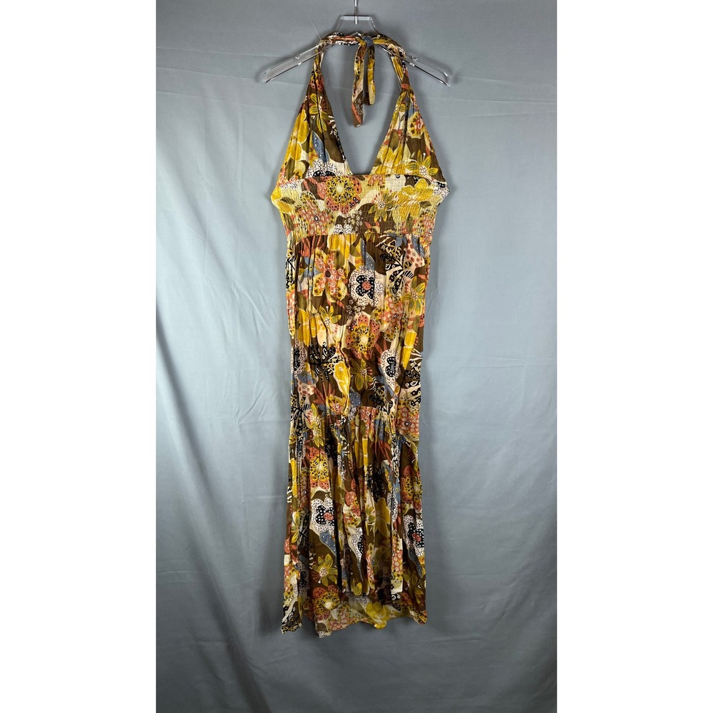 Jedzebel Maxi Dress Womens Multicolor Floral Smocked Tiered Boho Halter Neck